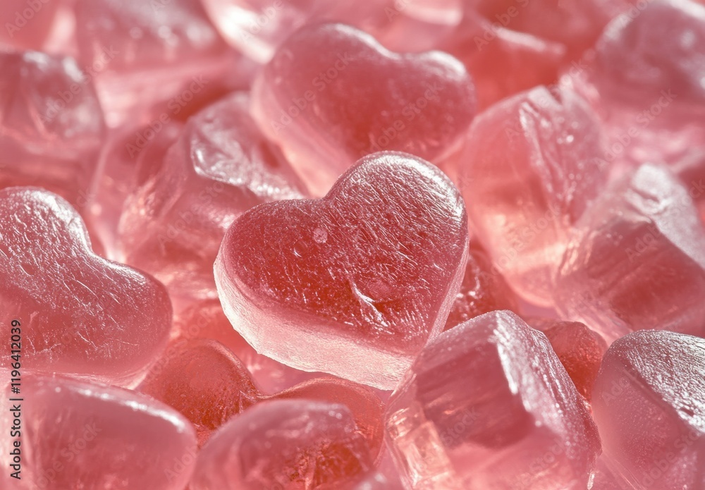 Fototapeta premium Sweet Heart-Shaped Gummies in Pink on a Soft Surface Evoking Romance and Joyful Celebrations, Perfect for Treats, Gifts, and Special Occasions