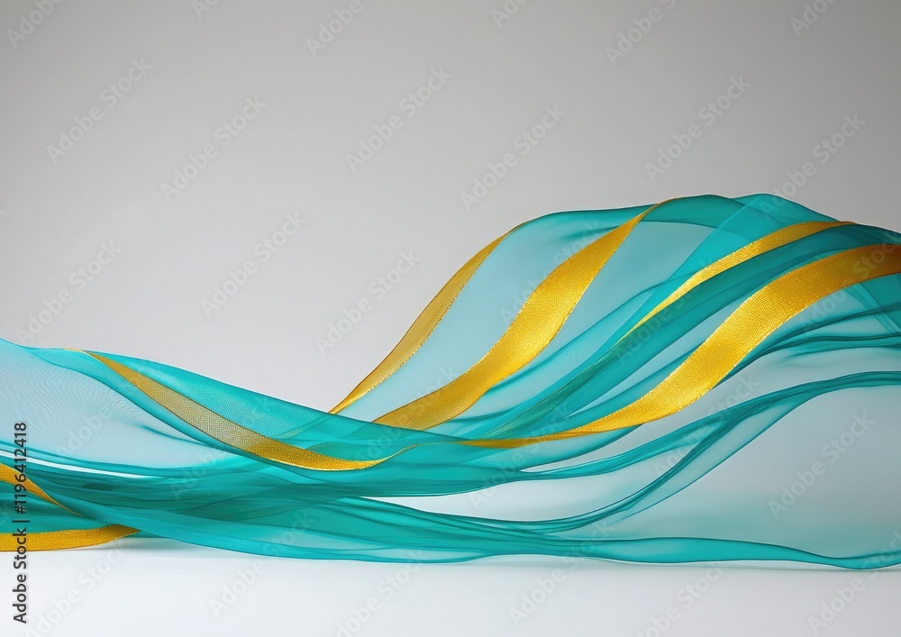 A flowing arrangement of turquoise and gold ribbons creating a soft, elegant wave effect against a light background. A flowing arrangement of turquoise and gold ribbons creating a soft, elegant wave effect against a light background.