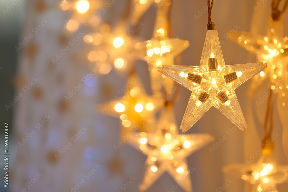 Glowing star shaped string lights warm festive ambiance with blurred background Glowing star shaped string lights warm festive ambiance with blurred background