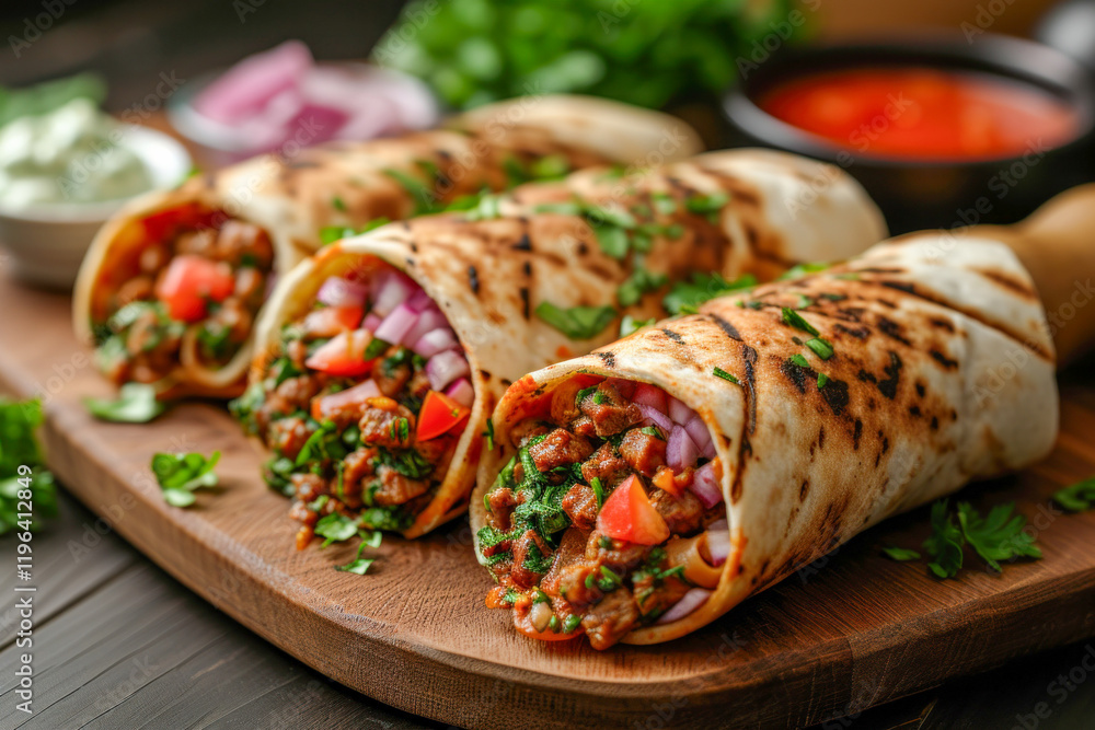 Savory Grilled Chicken Burritos Shawarma Served on a Wooden Platter in a Rustic Kitchen Setting Savory Grilled Chicken Burritos Shawarma Served on a Wooden Platter in a Rustic Kitchen Setting