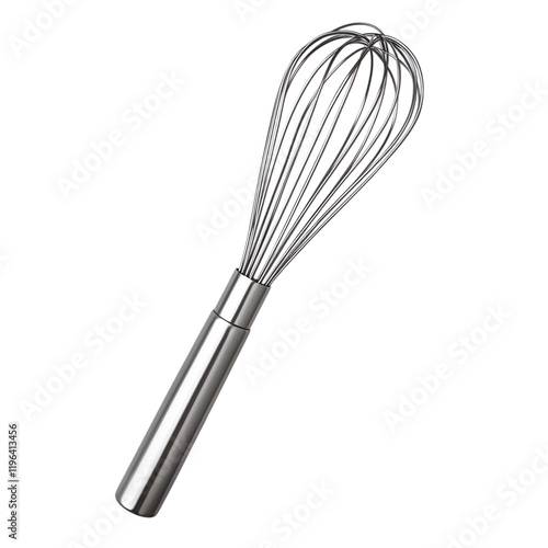A stainless steel whisk with an ergonomic handle, isolated on transparent background.