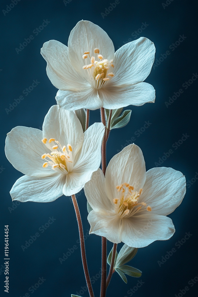 Obraz premium Three Delicate White Flowers Against A Deep Blue Background
