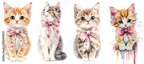 Adorable watercolor kittens wearing floral bows; perfect for greeting cards, children's books, or pet-themed designs.