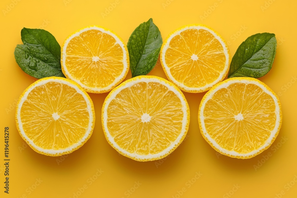 Five Lemon Slices Arranged With Green Leaves Five Lemon Slices Arranged With Green Leaves