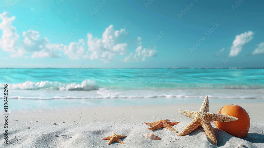 Starfish and seashells on a white sandy beach with turquoise ocean
Starfish and seashells on a white sandy beach with turquoise ocean