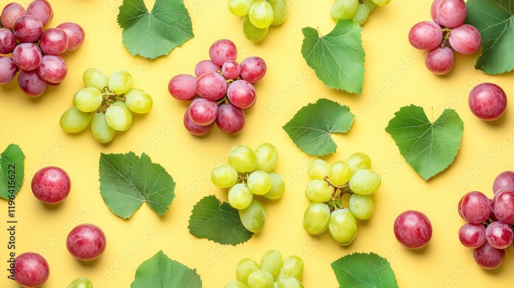 Vibrant Grape Still Life: A Delightful Arrangement of Red and Green Grapes with Lush Green Leaves on a Yellow Background Vibrant Grape Still Life: A Delightful Arrangement of Red and Green Grapes with Lush Green Leaves on a Yellow Background