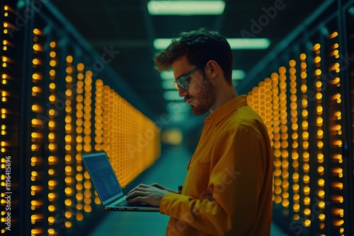 A focused professional typing on a laptop amid illuminated data servers, showcasing modern technology in a secure environment. photo