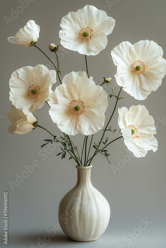 Delicate white poppies in a ceramic vase