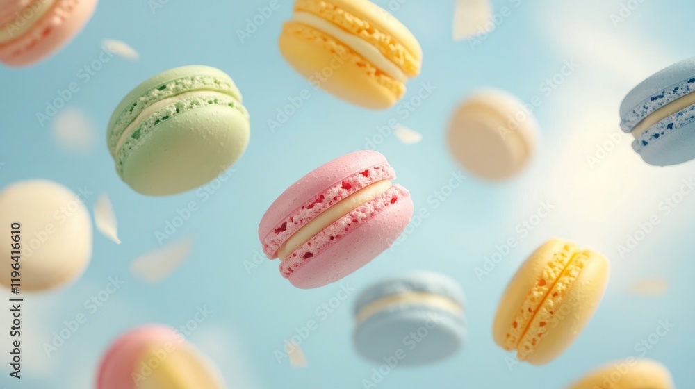Floating Macarons in Soft Pastel Tones Against a Clear Sky Floating Macarons in Soft Pastel Tones Against a Clear Sky