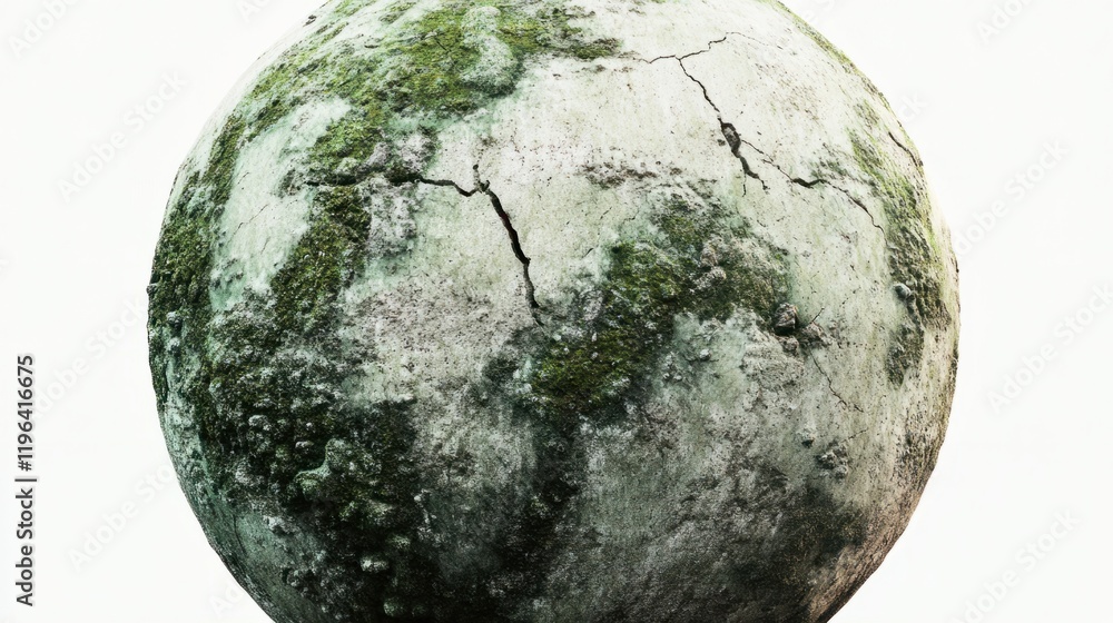 A rocky planet with cracks and patches of moss-like green textures, resembling a habitable world, on white A rocky planet with cracks and patches of moss-like green textures, resembling a habitable world, on white