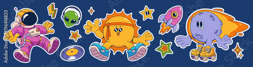 Groovy universe sticker pack - fun cosmic elements. Flying astronaut, alien in headphones, sun with headband, roller skating planet with comet fire trail, pink rocket, colorful stars and vinyl record.