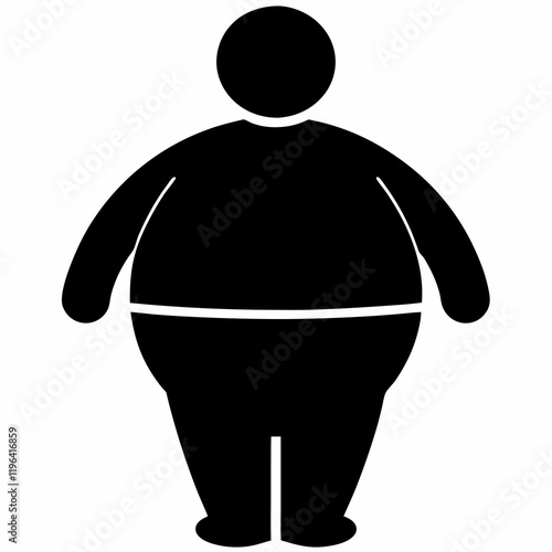 A man with a large belly is shown in a black and white drawing. The man is wearing a black shirt and black pants