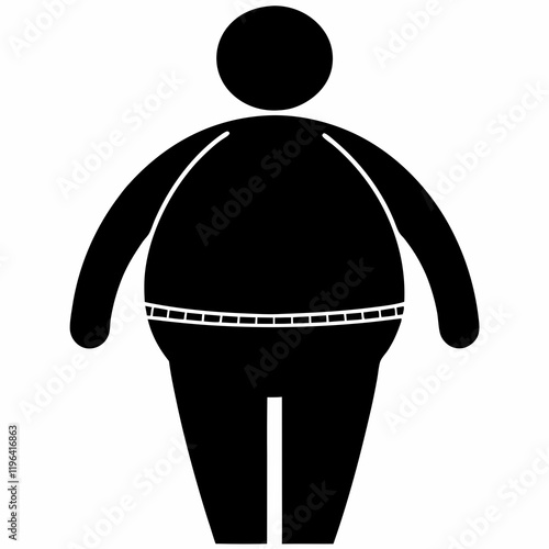 A man with a large belly is shown in a black and white drawing. The man is wearing a black shirt and black pants