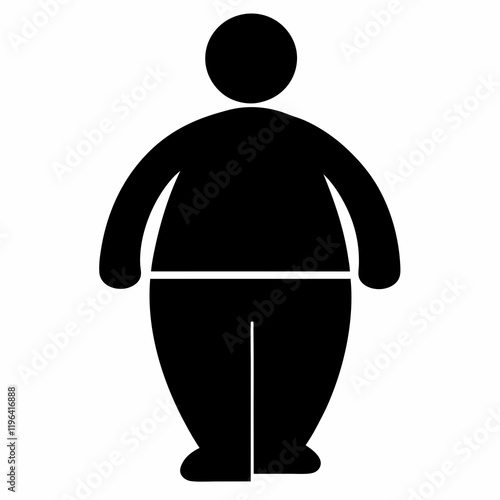 A man with a large belly is shown in a black and white drawing. The man is wearing a black shirt and black pants