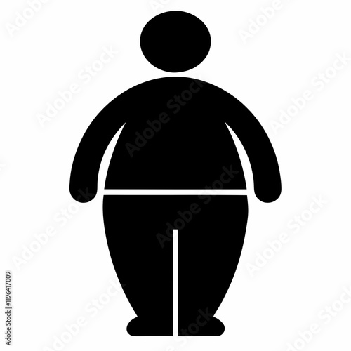 A man with a large belly is shown in a black and white drawing. The man is wearing a black shirt and black pants
