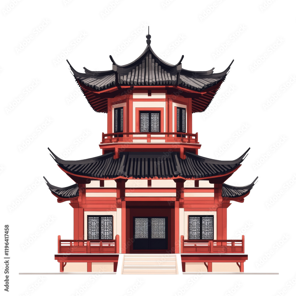 Fototapeta premium A depiction of a two story red Chinese pagoda with black tiled roofs and intricate details.