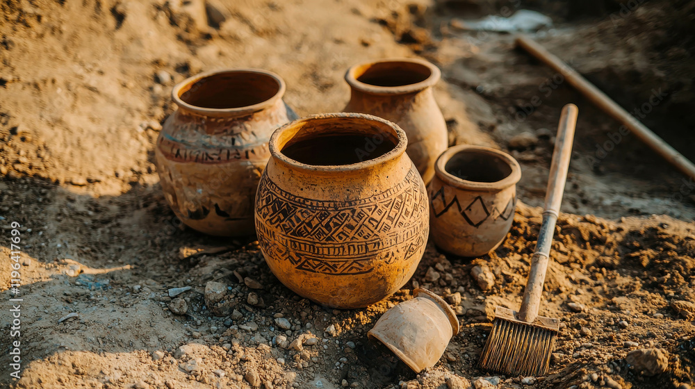Ancient Clay Pots and Vases Unearthed from Archaeological Excavation Site Ancient Clay Pots and Vases Unearthed from Archaeological Excavation Site