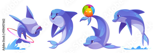 Cute dolphin character set in playful poses - performing tricks with beach ball, jumping through pink ring, splashing in water. Cartoon marine mammal in bright blue color with cheerful expressions.