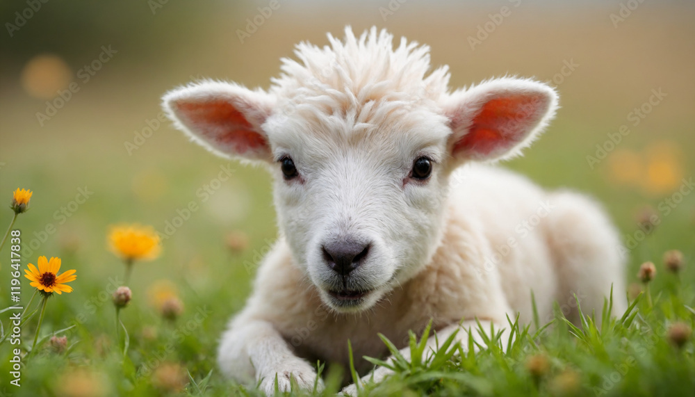 Cute lamb lying in the grass surrounded by flowers in a sunny meadow Cute lamb lying in the grass surrounded by flowers in a sunny meadow
