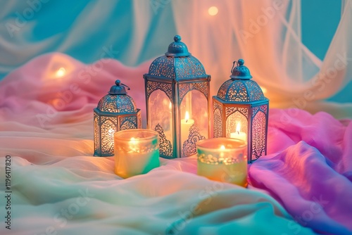 Vibrant lanterns on silk fabric, glowing candles