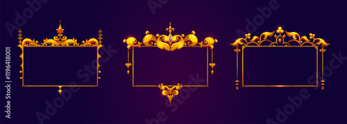 Medieval game frames set - ornate golden borders with decorative flourishes on dark background. Royal design elements with floral patterns and spiky finials. Fantasy RPG menu interface panels.