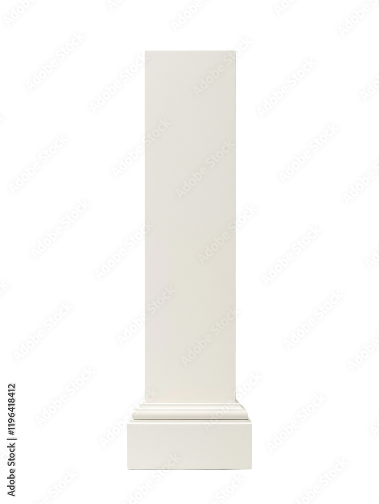 The image shows a tall white pedestal with a square base, isolated against a black background. The image shows a tall white pedestal with a square base, isolated against a black background.