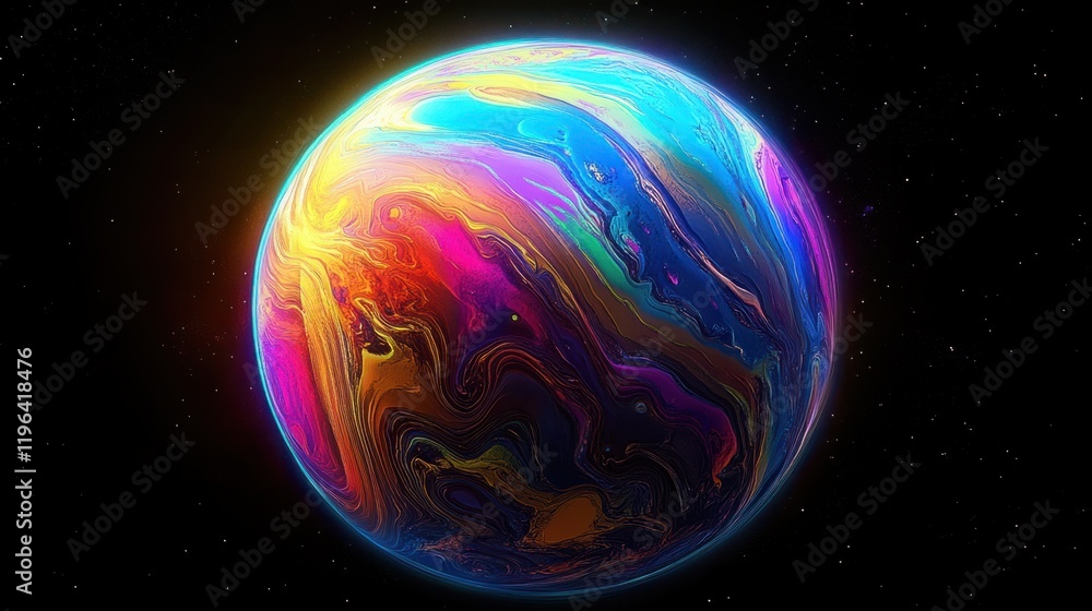 A vibrant planet with rainbow-like patterns and glowing atmospheres, giving a magical appearance, on black A vibrant planet with rainbow-like patterns and glowing atmospheres, giving a magical appearance, on black