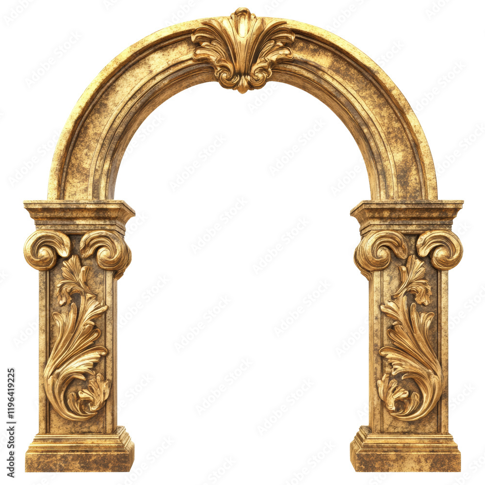 Naklejka premium A digitally rendered image showcases a golden archway featuring intricate leaf carvings on its pillars and keystone, exhibiting a classical architectural style.