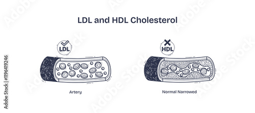 LDL and HDL cholesterol diagram shows artery health. Key objects, LDL, HDL, artery. Diagram