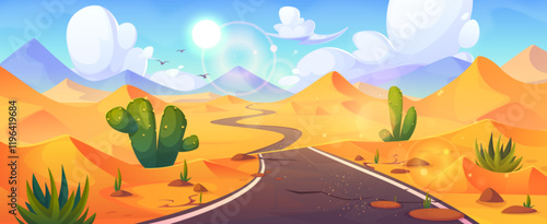 Desert asphalt road winding through sandy dunes, surrounded by green cacti and succulents. Empty highway stretching into distance, mountains backdrop, bright sun shining in blue sky with clouds.