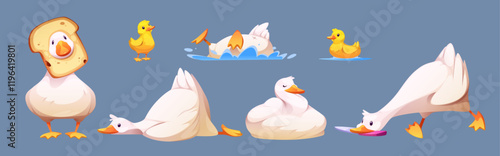 Cute goose or duck character set - white waterfowl with bread on head, swimming, diving poses, resting and slipping position, carrying knife. Playful baby yellow ducklings or goslings. Cartoon mascot.
