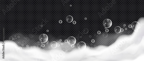 Soap foam composition with floating transparent bubbles rising above wavy white bath suds. Realistic hygienic bathing border with flying spheres on transparent background for bathroom product design