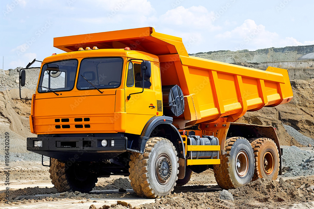 Heavy-duty yellow dump truck hauling rocks through a rugged forested mining area. Heavy-duty yellow dump truck hauling rocks through a rugged forested mining area.
