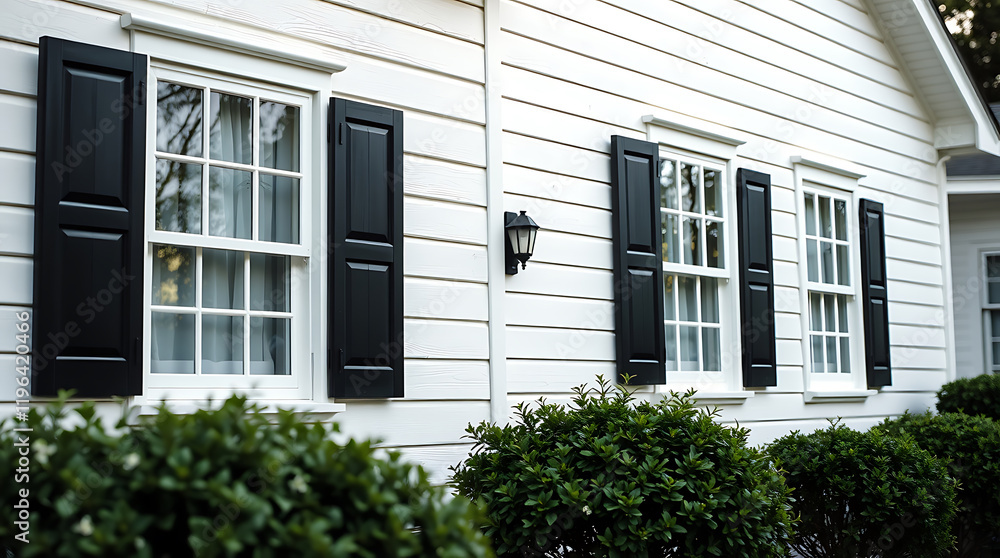 Classic White House with Black Shutters: Elegant Exterior and Landscaping Classic White House with Black Shutters: Elegant Exterior and Landscaping