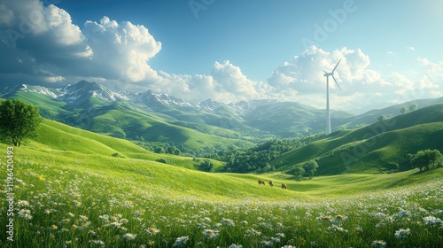 Green meadow, mountain, wind turbine, sun, cows, idyllic, pastoral, sustainable energy