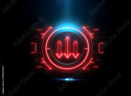 A futuristic, dark emblem glows with vibrant red and blue neon lights.  The central symbol resembles three upward-pointing arrows within a circular frame.  The design is sleek and technologically adva photo