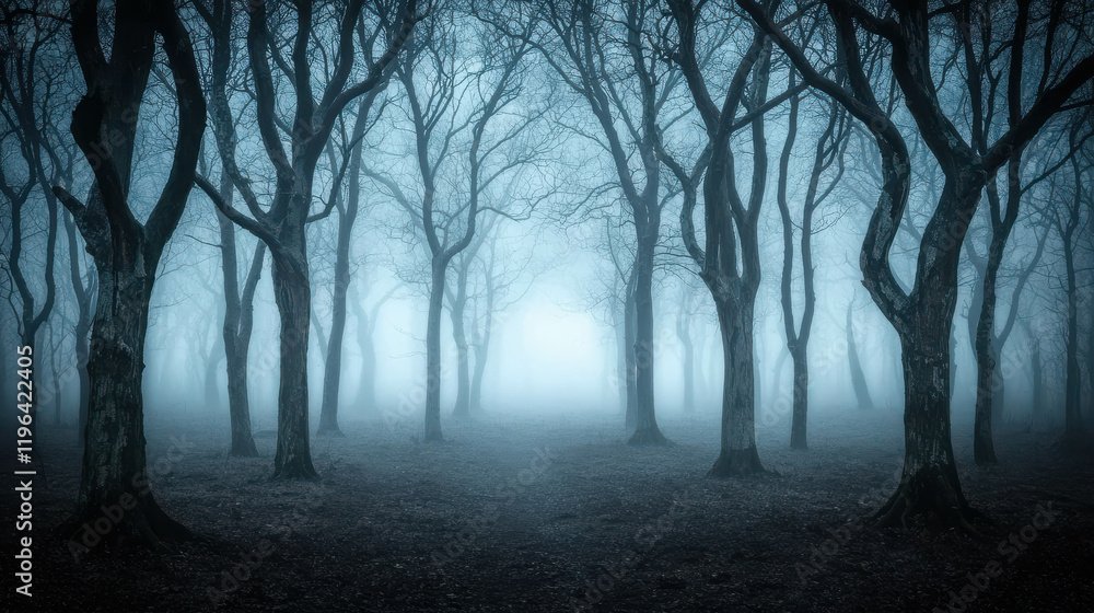 Mysterious Forest Twisted Gnarled Trees Shrouded in Fog at Midnight Mysterious Forest Twisted Gnarled Trees Shrouded in Fog at Midnight