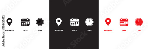 Date, Time, Address icon set. Event icons vector. Location, Calendar and  clock icon. isolated on white and black background. vector illustration. EPS 10 
