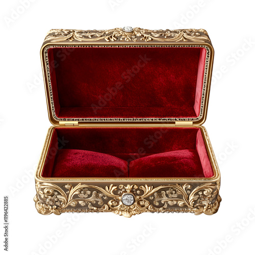 Elegant jewelry box with velvet lining, isolated on transparent background.