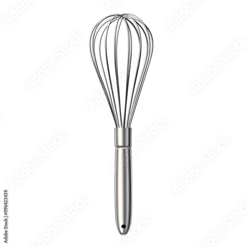 Metal whisk with wire loops, on transparent background.