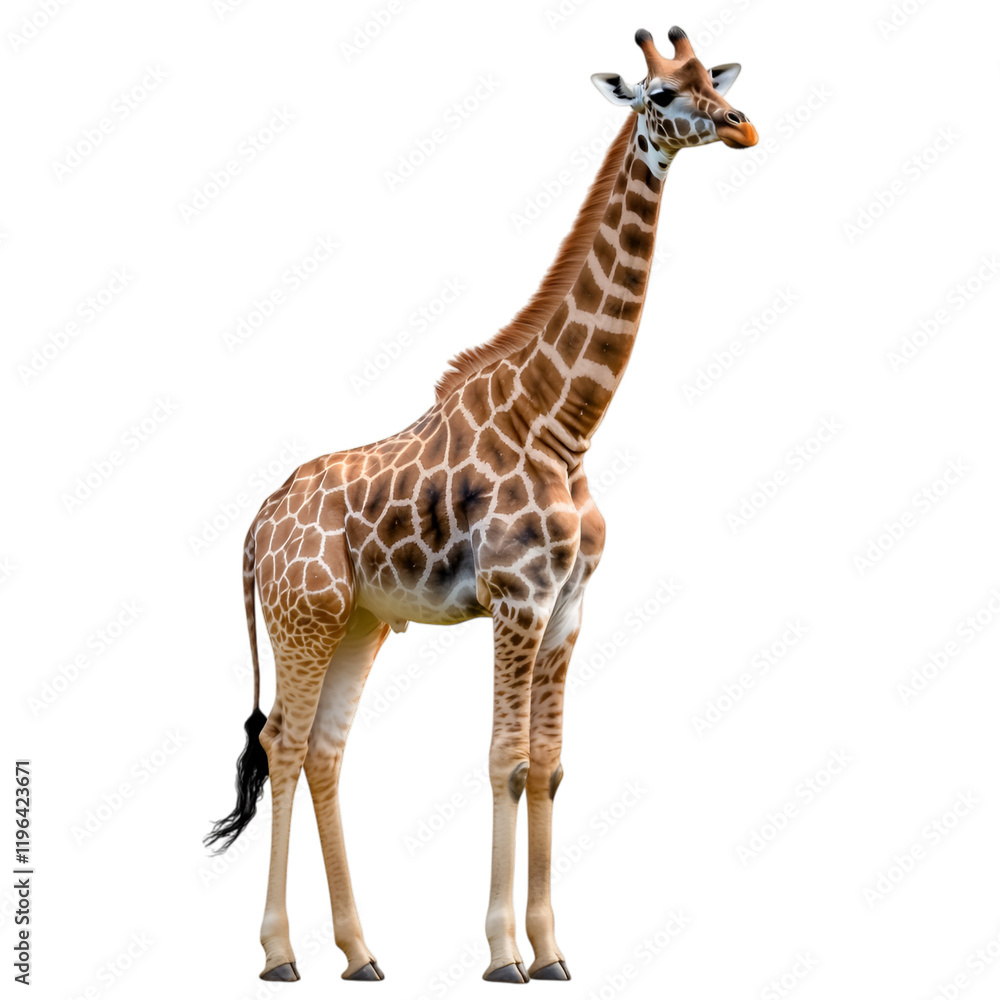 Fototapeta premium Playful giraffe with long neck, on transparent background.