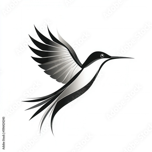 Ultra simplified logo of a hummingbird facing right, set against a white background with gradients of black and gray. photo