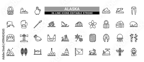 36 Alaska Line Icons Set Pack Editable Stroke Vector Illustration.
