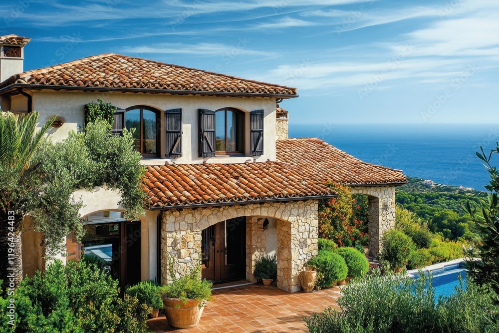 Fototapeta premium Luxurious vacation home with mediterranean style villa scenic coastal views outdoor pool serene environment ideal for relaxation and getaways