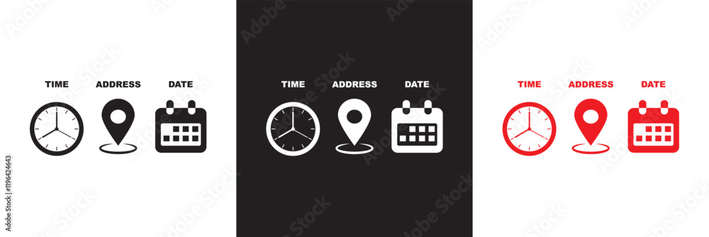 Date, Time, Address icon set. Event icons vector. Location, Calendar and  clock icon. isolated on white and black background. vector illustration. EPS 10 