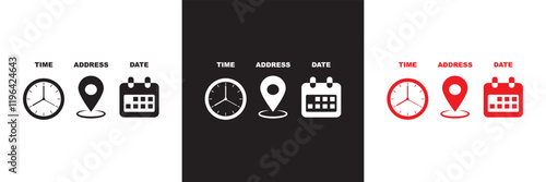 Date, Time, Address icon set. Event icons vector. Location, Calendar and  clock icon. isolated on white and black background. vector illustration. EPS 10 