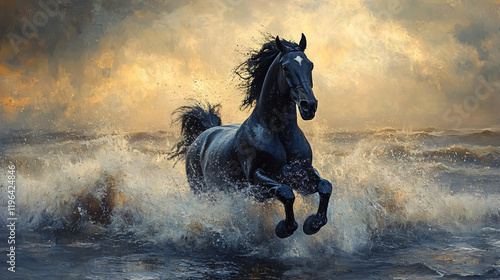 Black horse running in a river