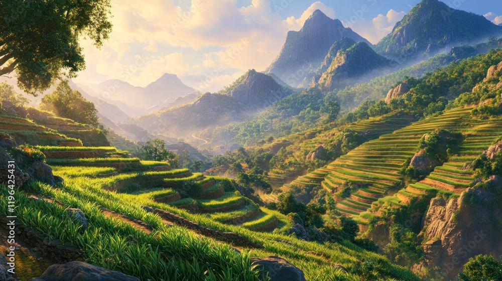 Fototapeta premium Sunlit mountain valley with terraced rice paddies.