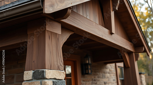 Craftsman Style Home Exterior: Exquisite Woodwork and Brick Detail. A picture of a house's wooden exterior with brick accents.