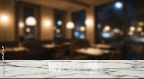 A modern and elegant setting with a marble tabletop and a blurred background of a dimly lit restaurant, creating a close-up view of a polished marble surface